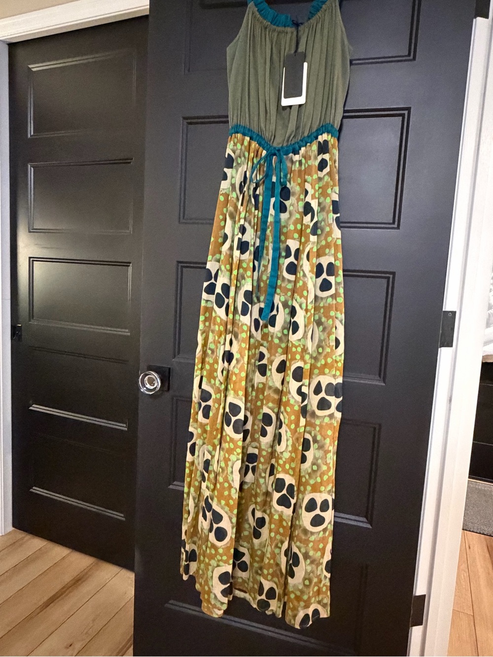 Green & Teal Smocked Maxi Dress with Abstract Print. Beautiful & Unique!